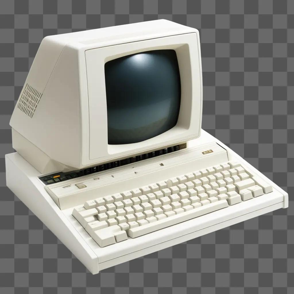 Old white computer with black screen and keyboard