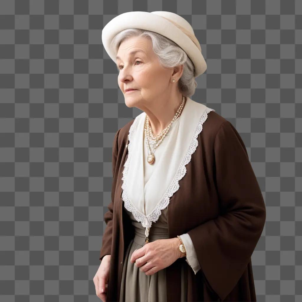 Old woman in a white hat and brown dress