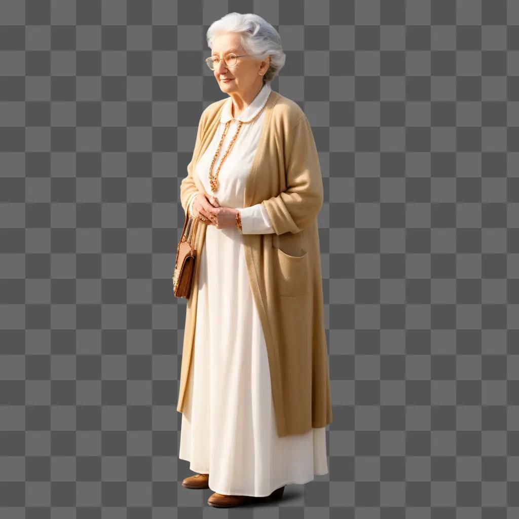 Old woman in tan coat and white dress standing