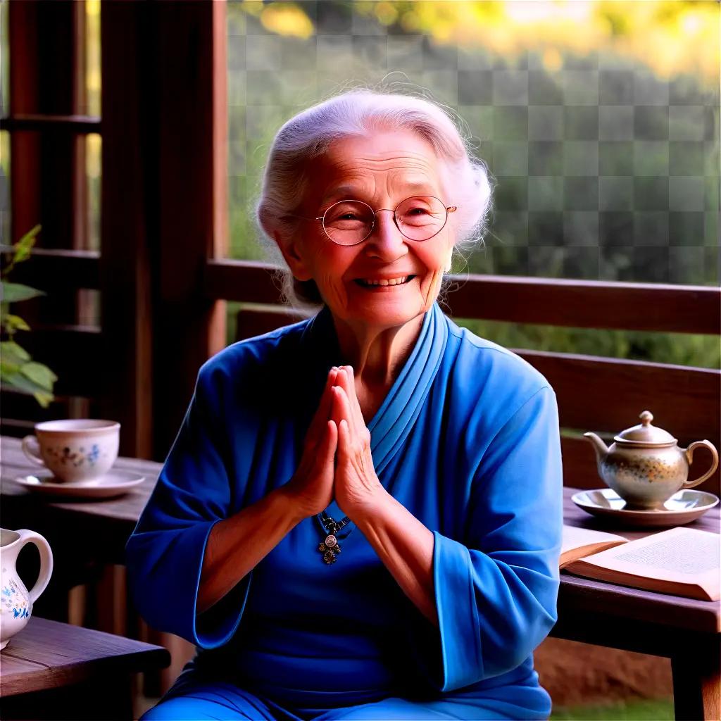 Old woman praying at tea time