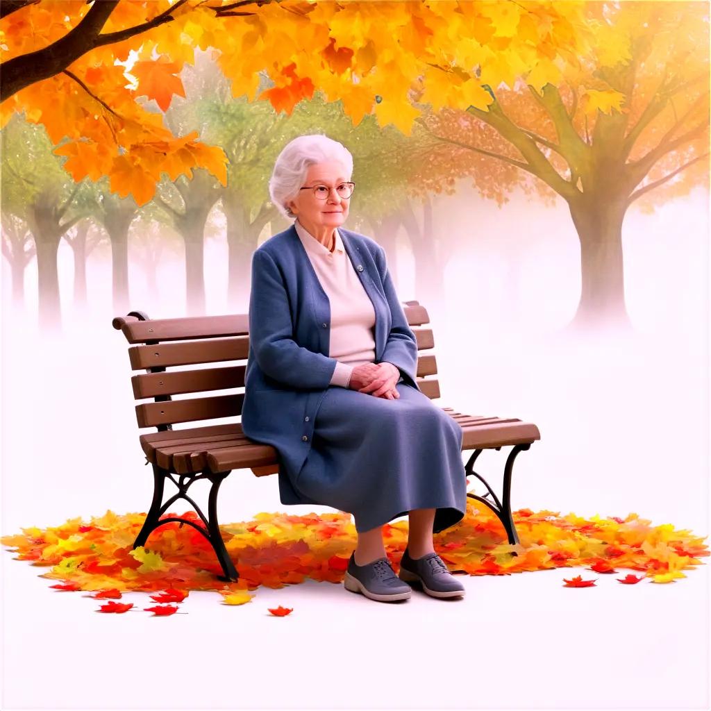 Old woman sits on a bench with fallen leaves