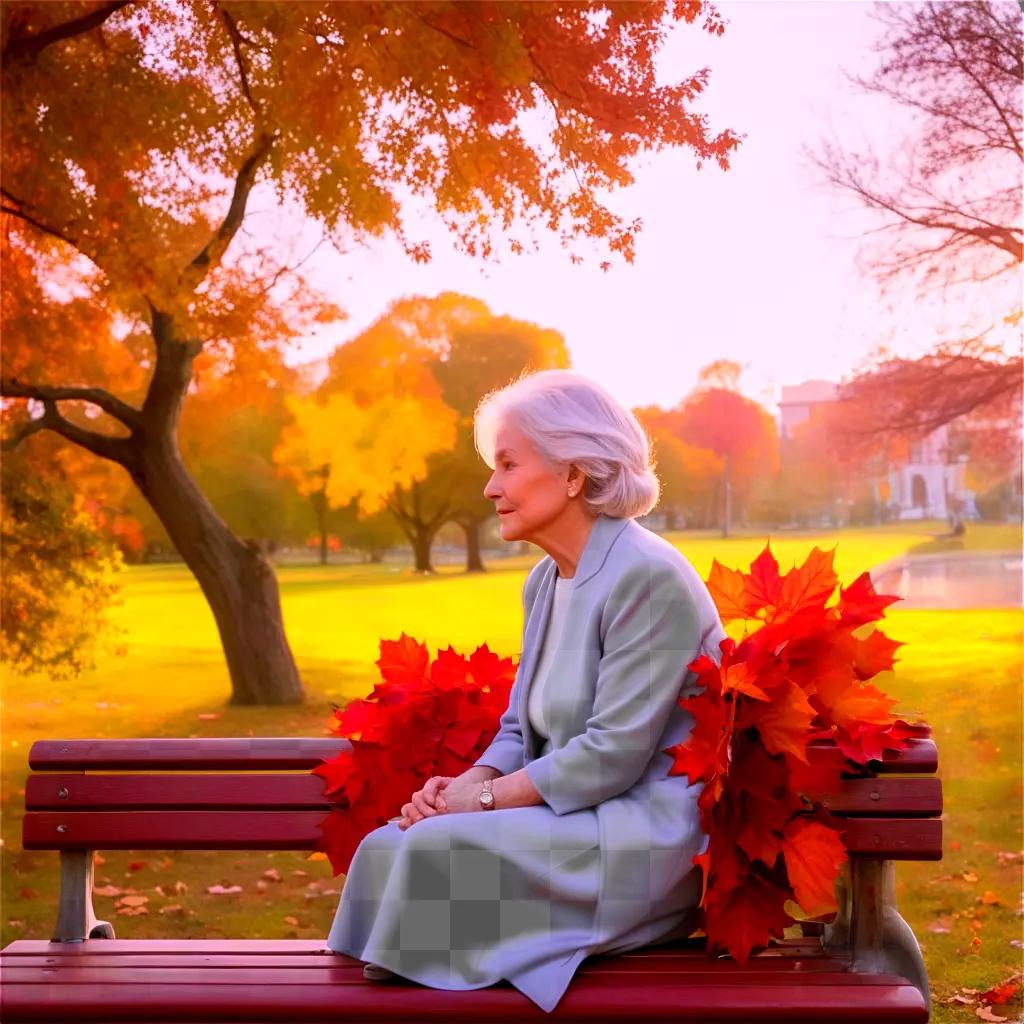 Old woman sits on a bench with leaves