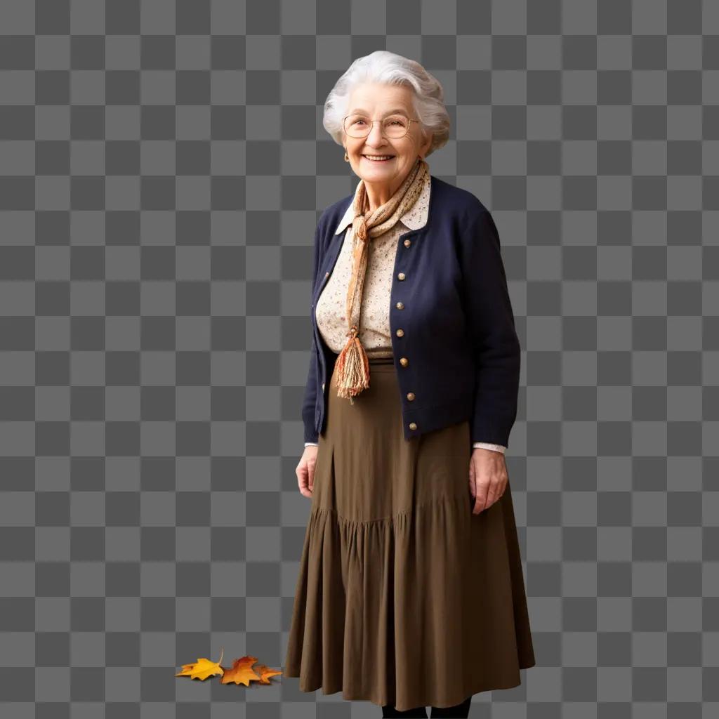 Old woman standing with scarf and skirt