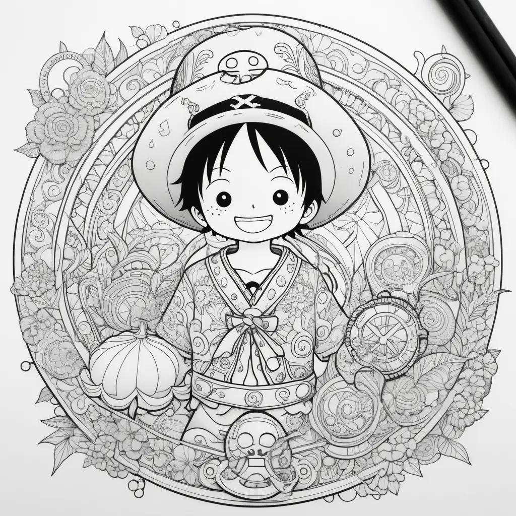 One piece coloring page featuring a boy and a skull