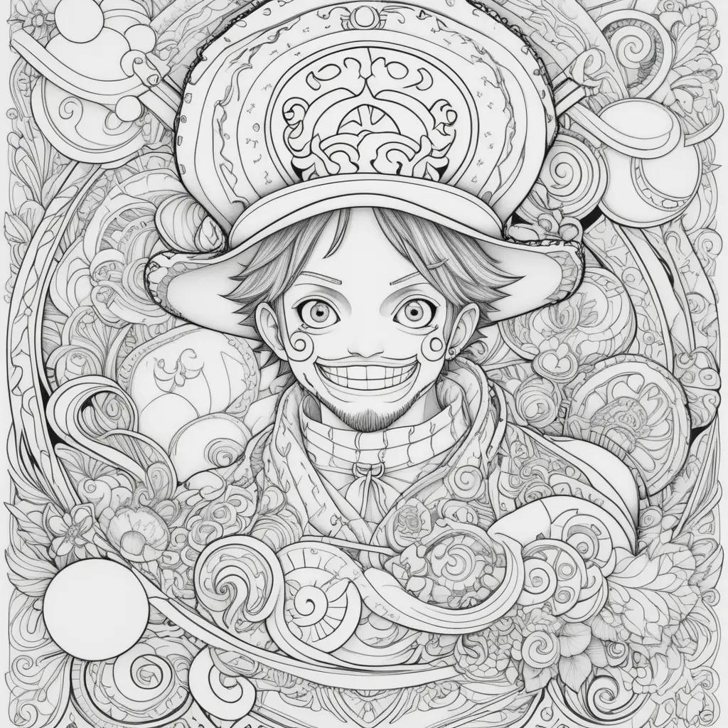 One piece coloring pages featuring a smiling character with a hat and a crown