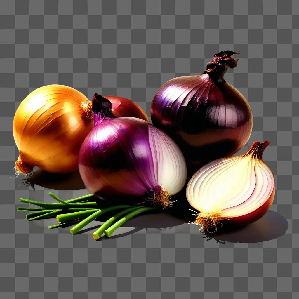 Onions and green tops on a table