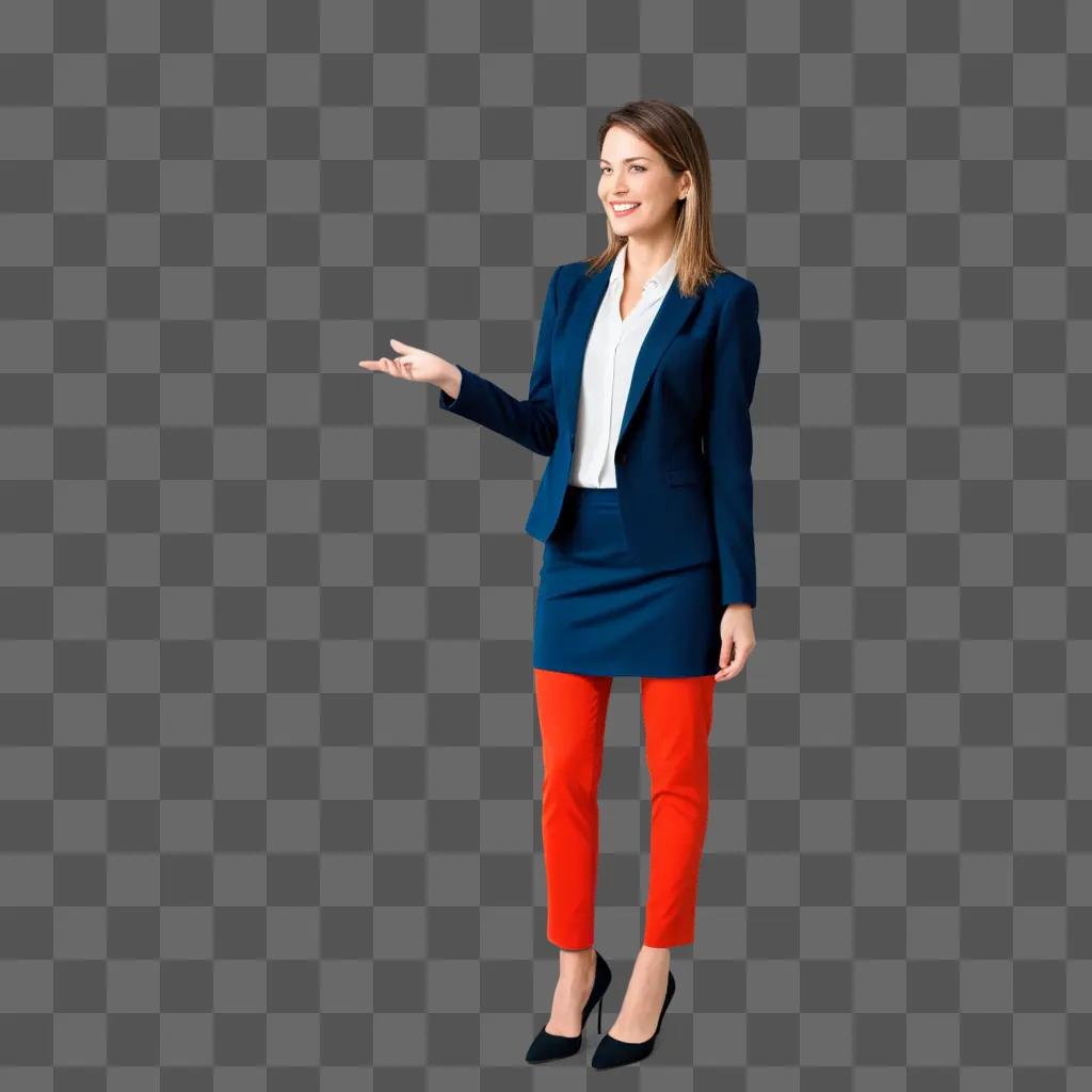 Online teacher in a blue suit and red pants