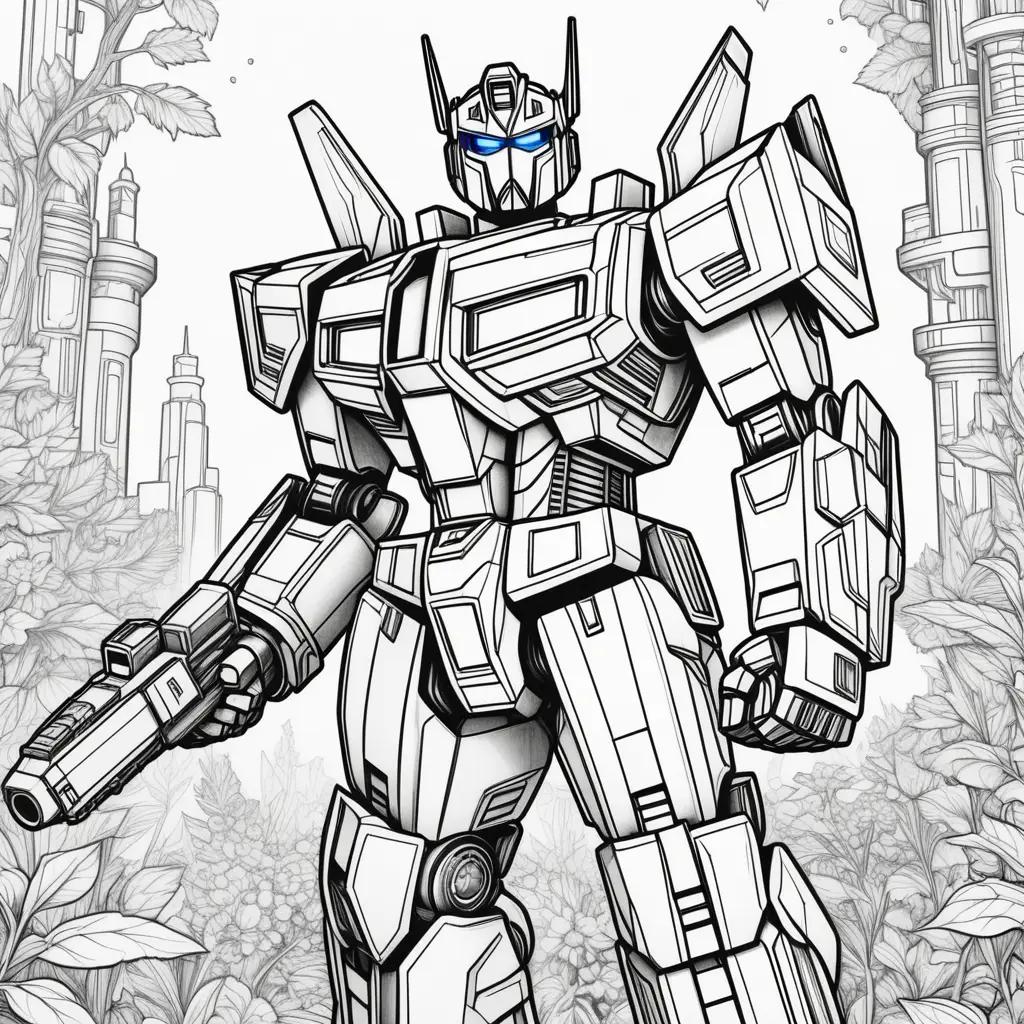 Optimus Prime Coloring Page: A robot with a gun and a city in the background