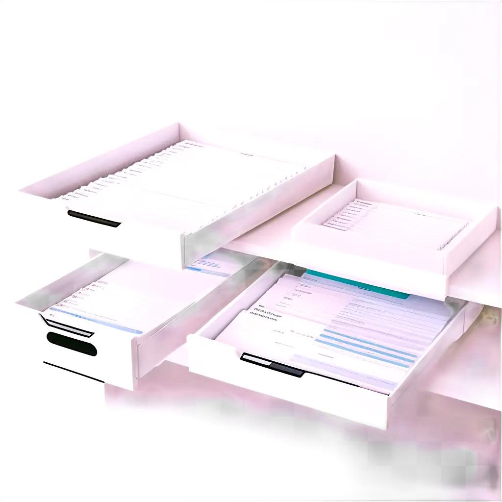 Organized office supplies in white drawers