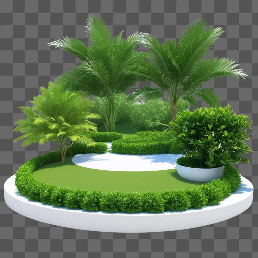 Outdoor garden with green plants and palm trees