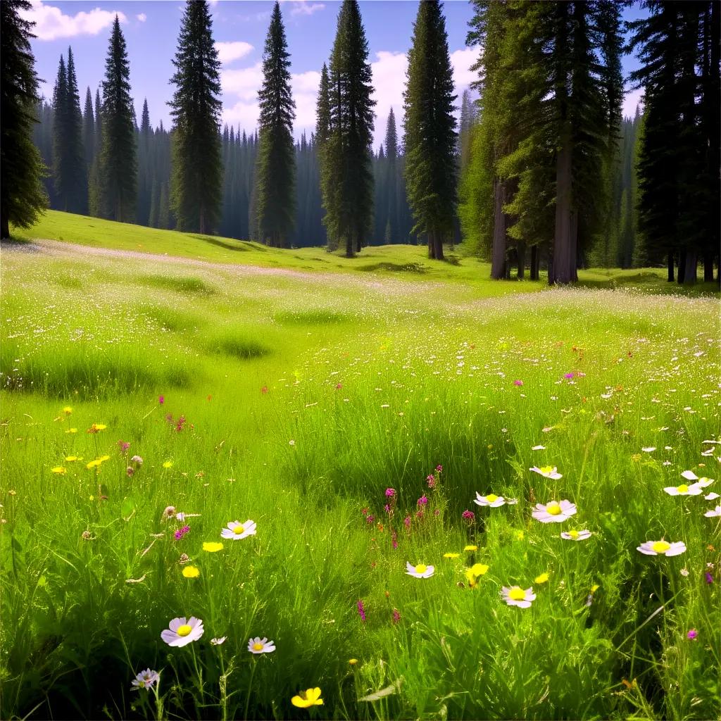 Outdoor scene of flowers, grass and trees