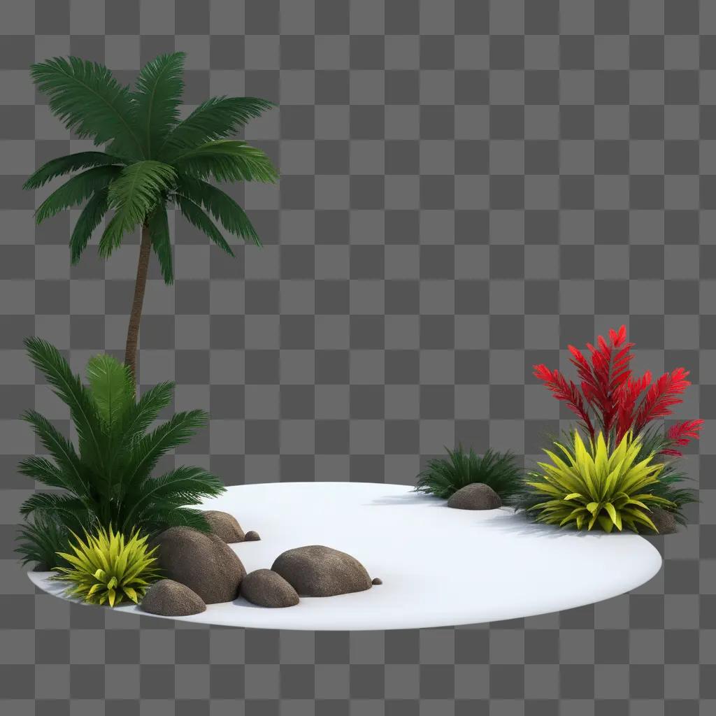 Outdoor scene with colorful plants and rocks in a tropical setting