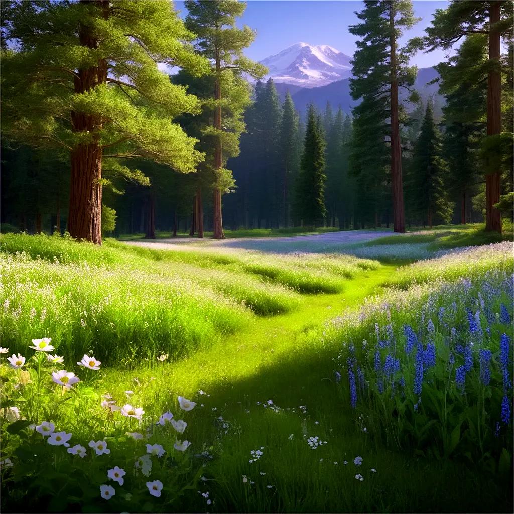 Outdoor scenery of flowers and trees with mountains in the background