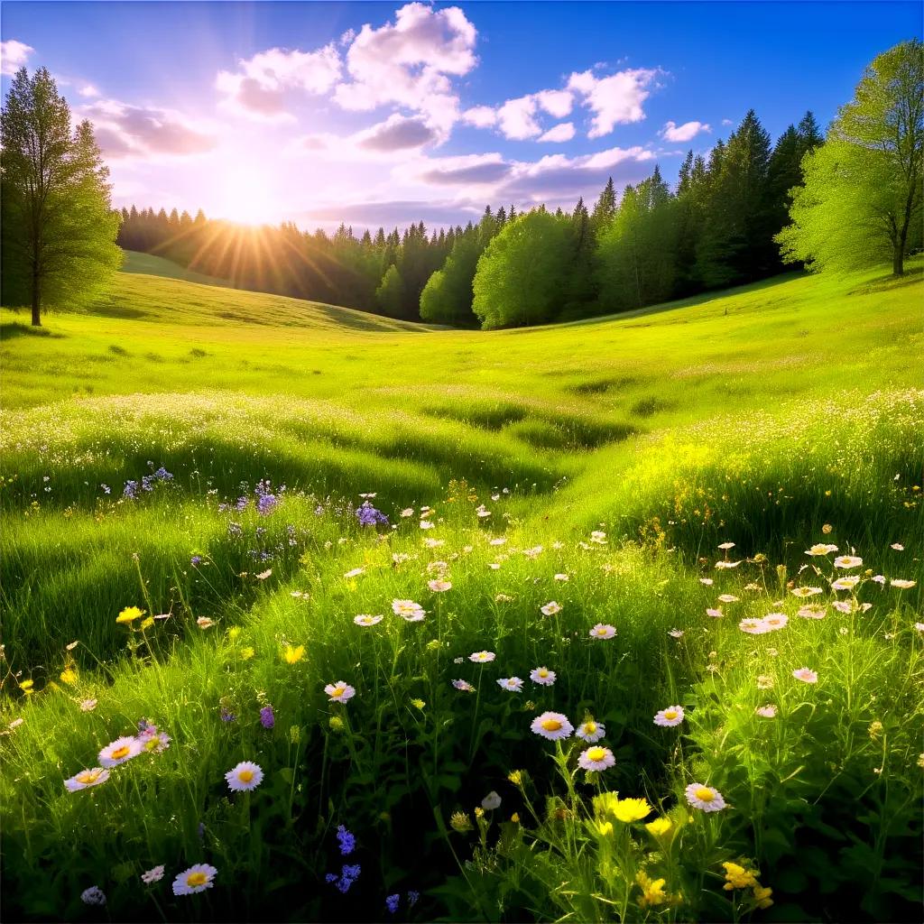 Outdoor scenery of sunlit field with flowers