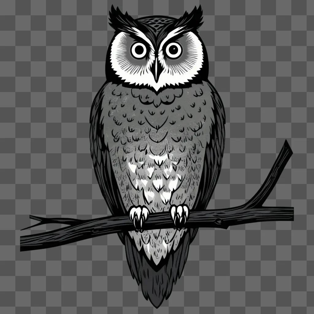 Owl on branch in black and white