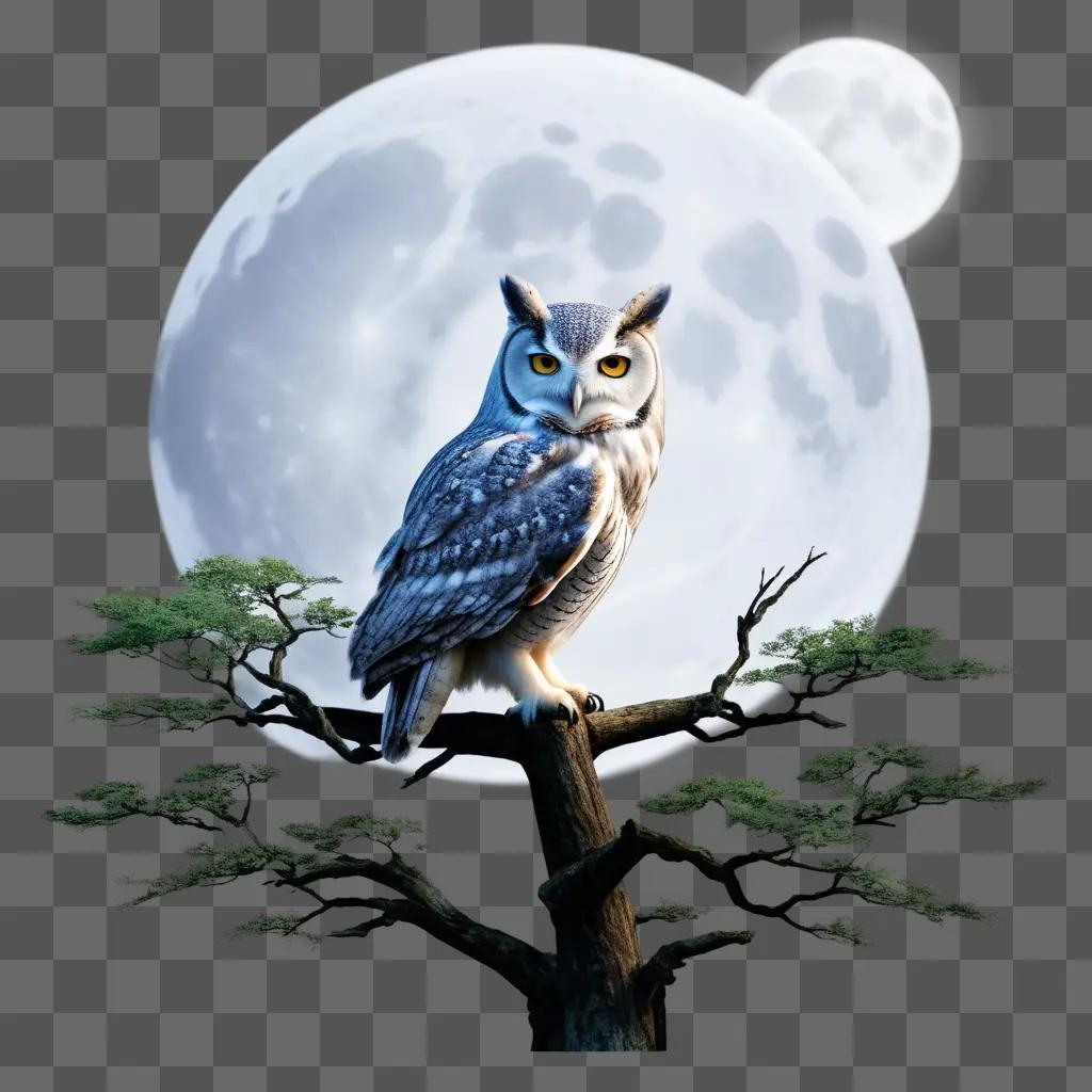 Owl sitting on a tree branch with a full moon