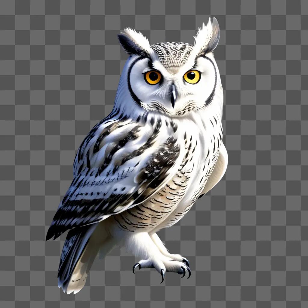 Owl with bright yellow eyes sits on gray surface