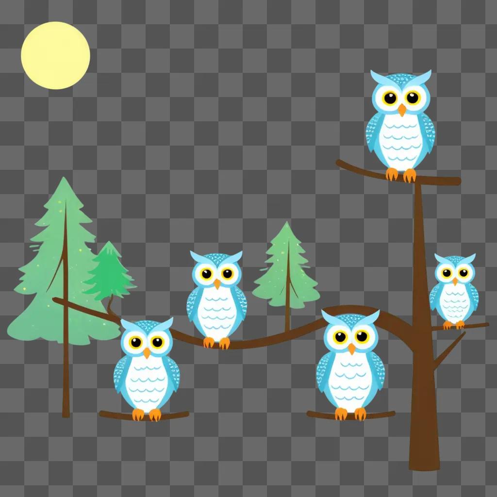 Owls in trees, glowing eyes, and tree branches