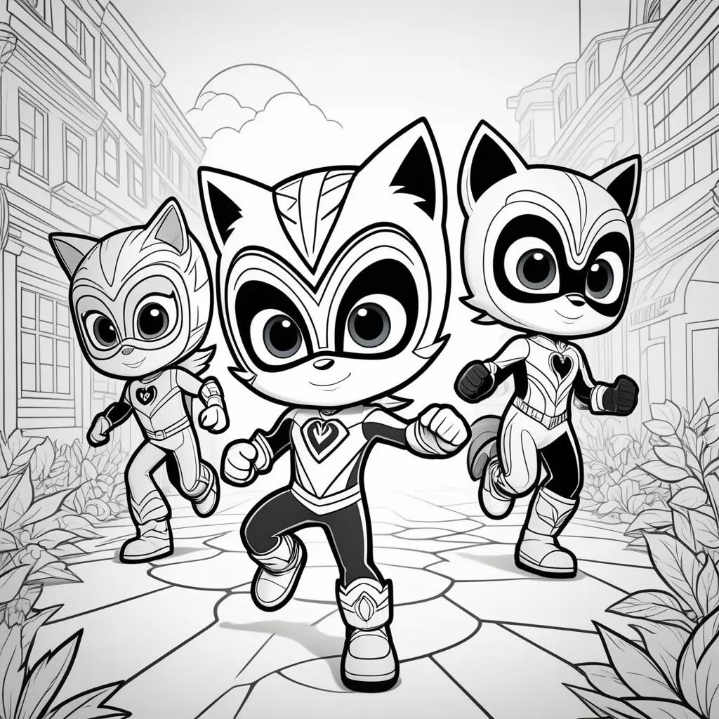 PJ Mask Coloring Pages: Black and white art of three cats