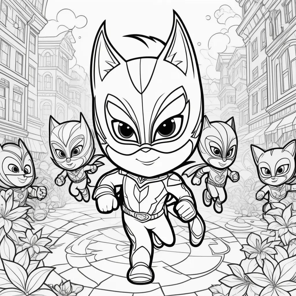 PJ Mask coloring pages featuring cats and buildings