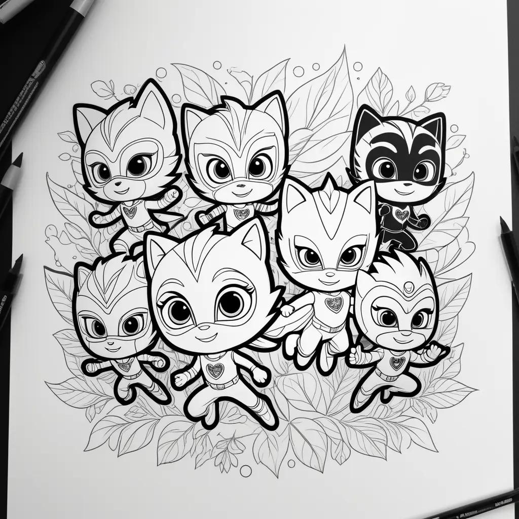 PJ Masks Coloring Page: Six Cartoon Cats and Leaves