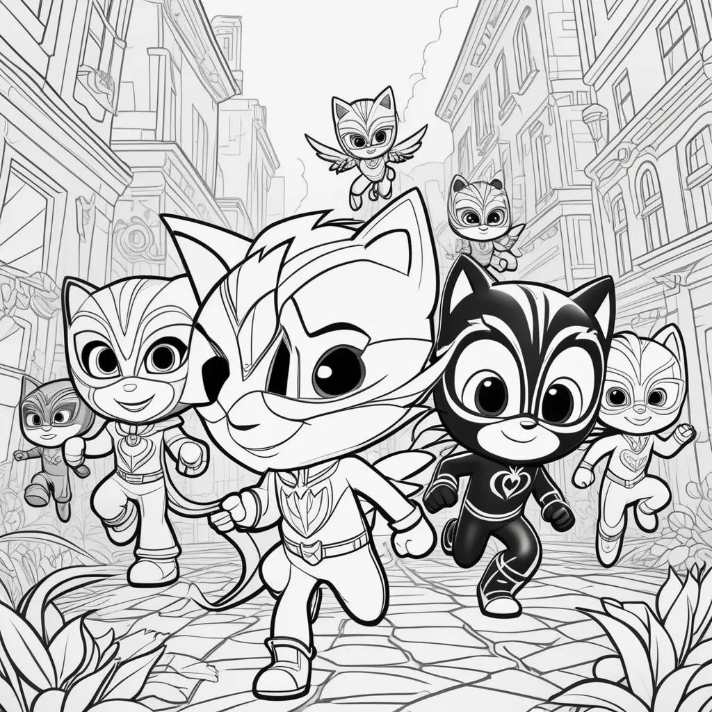 PJ Masks coloring page features cats and monsters