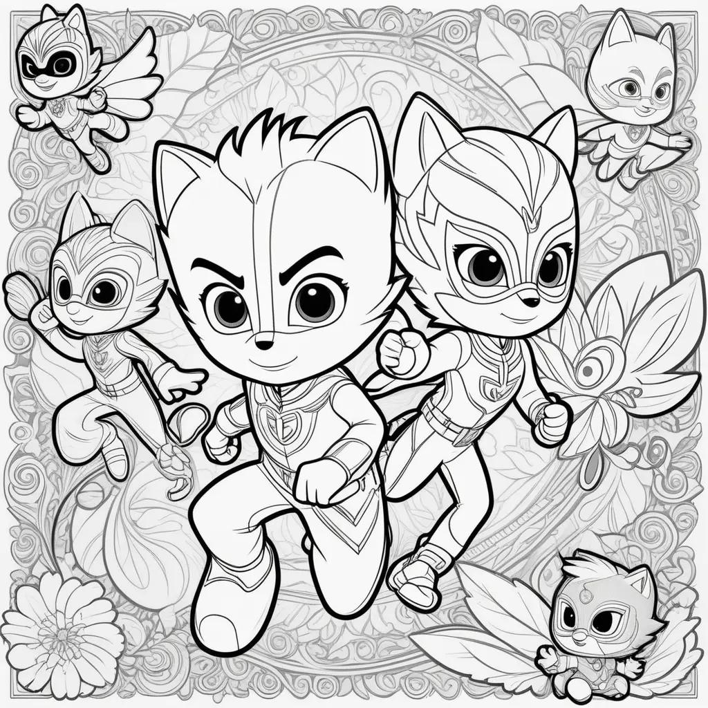 PJ Masks coloring page with cats and butterflies