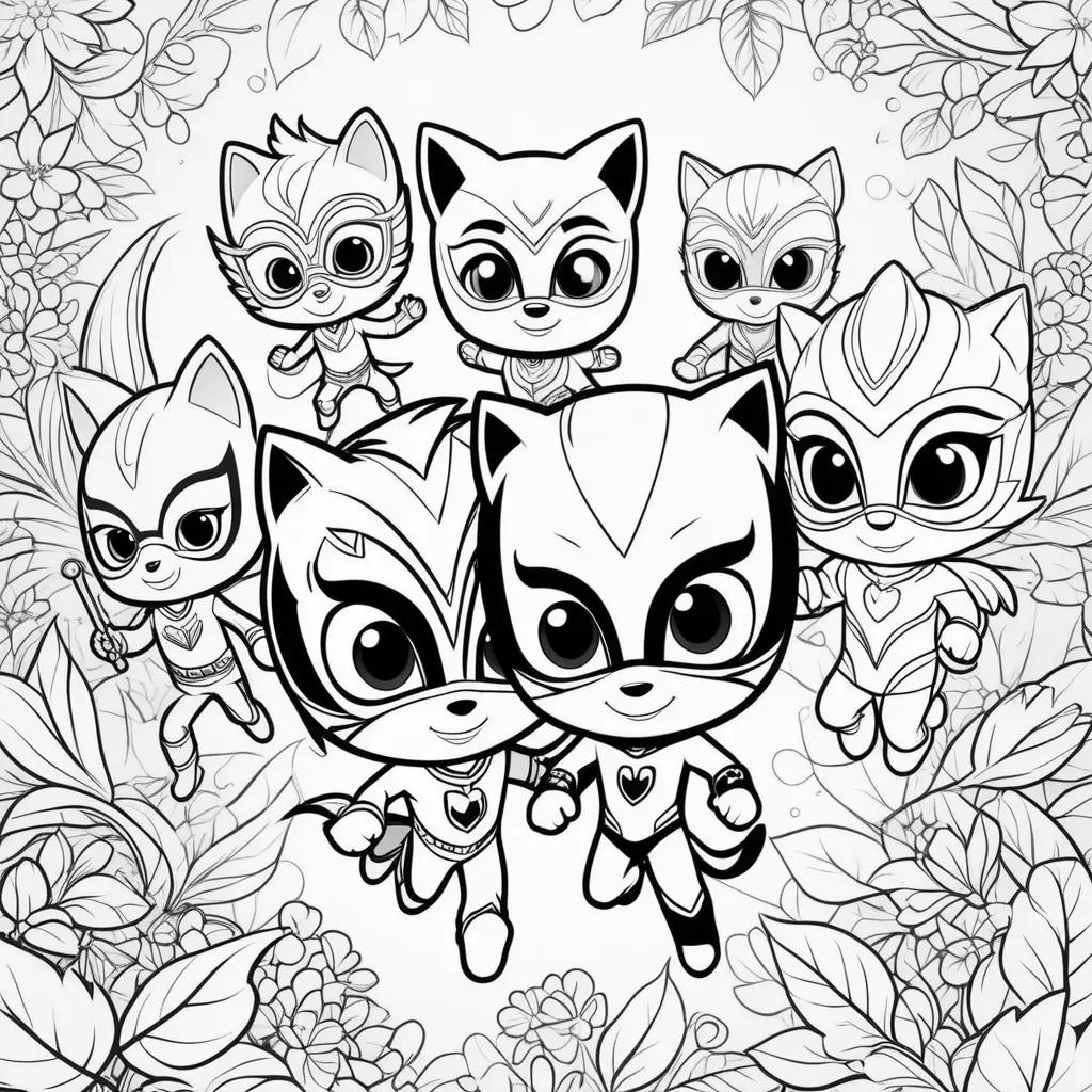 PJ Masks coloring page with cute cats and flowers