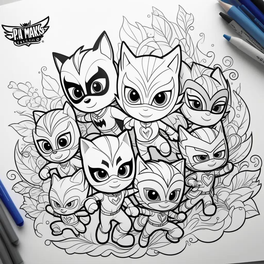 PJ Masks coloring pages featuring adorable characters in black and white