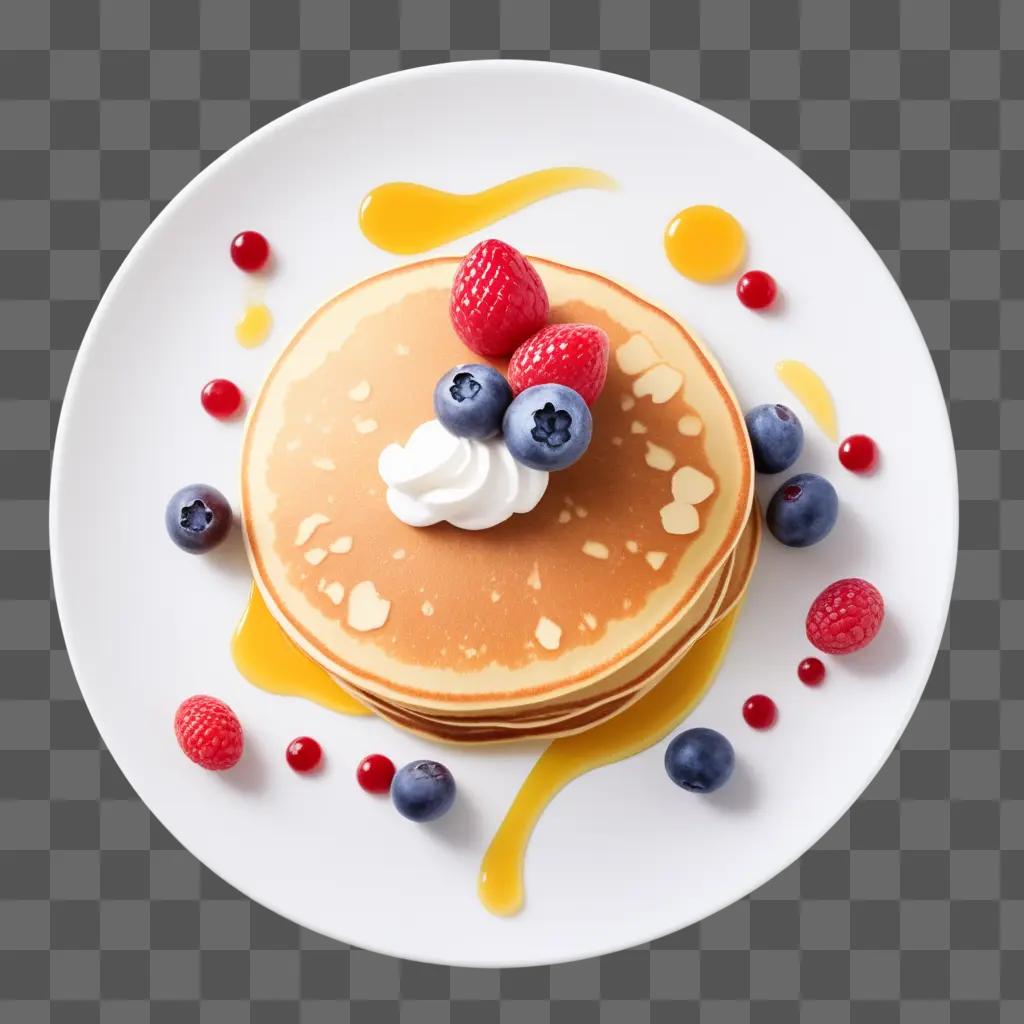 Pancakes with fruit, syrup and whipped cream on a plate