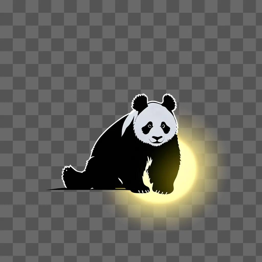 Panda silhouette sitting on the ground with sun behind him