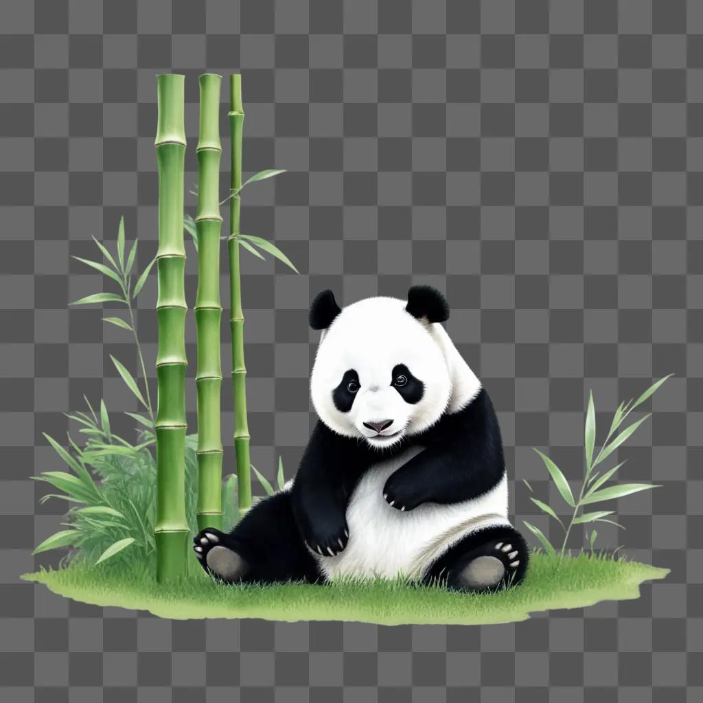 Panda sketch on green background with bamboo and leaves