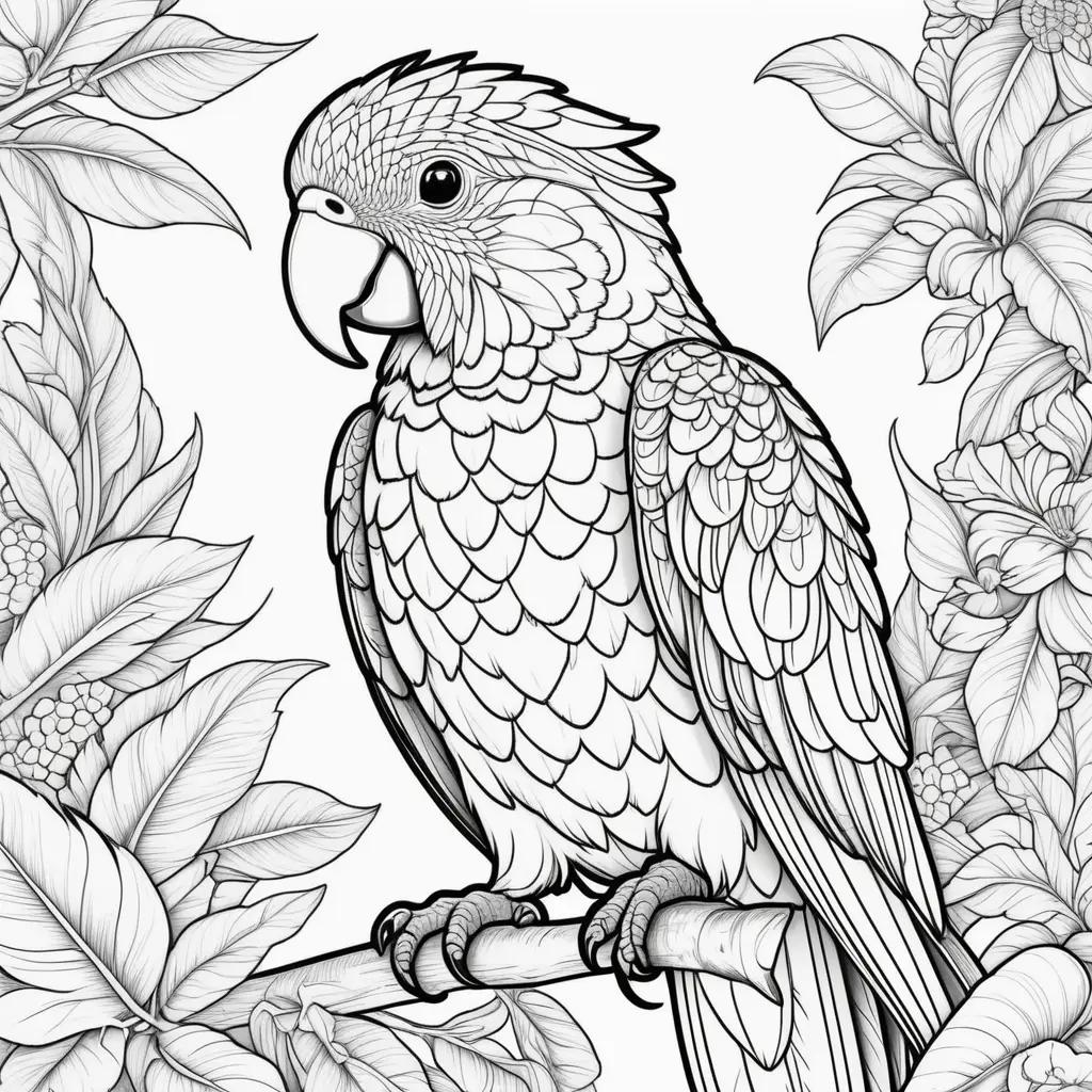 Parrot coloring pages with black and white illustration of a bird on a branch