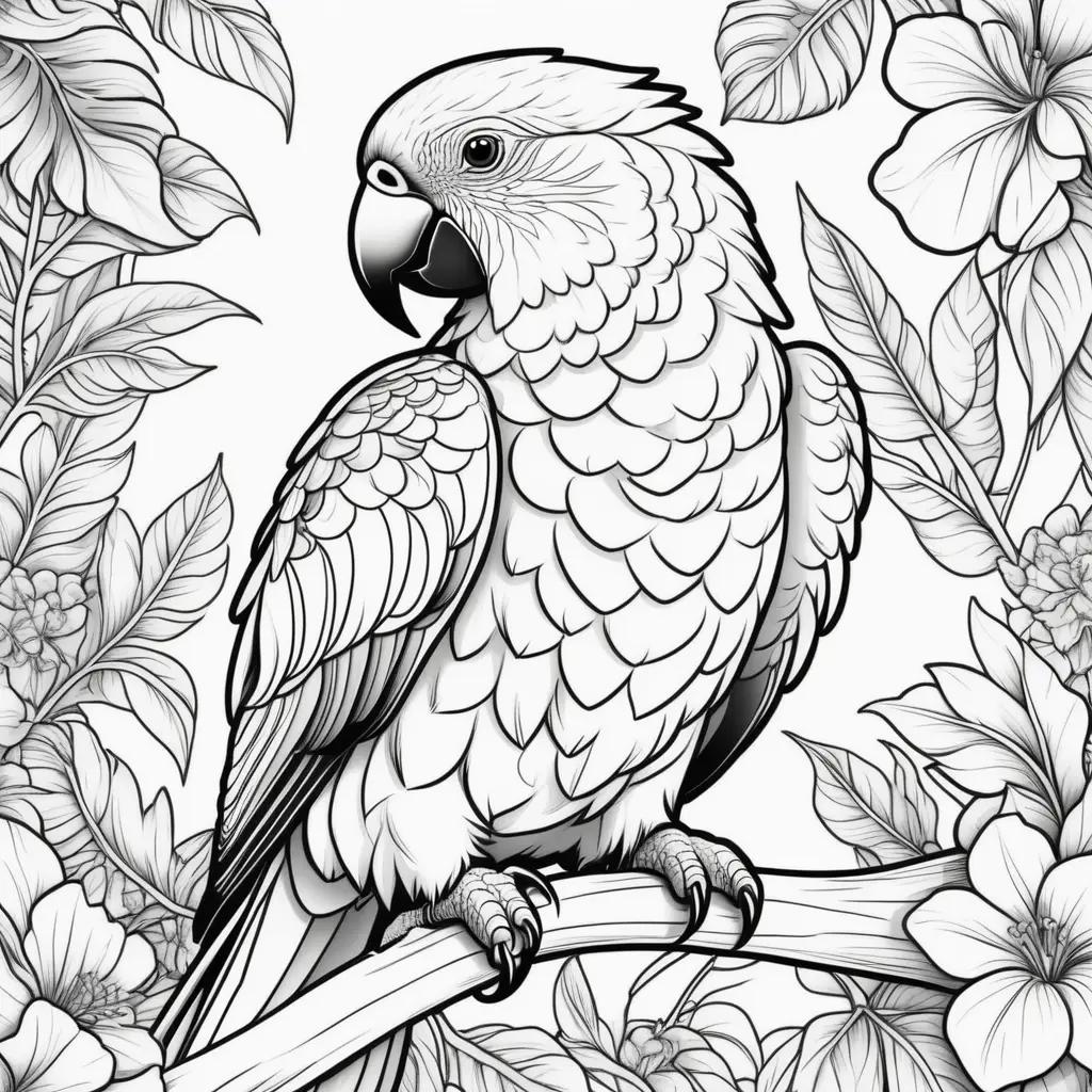 Parrot coloring pages with black and white illustration