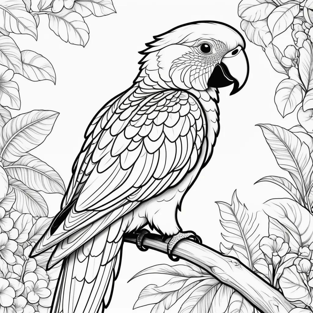 Parrot coloring pages with black and white illustrations