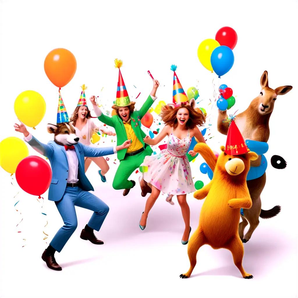 Party animals celebrate in a colorful scene