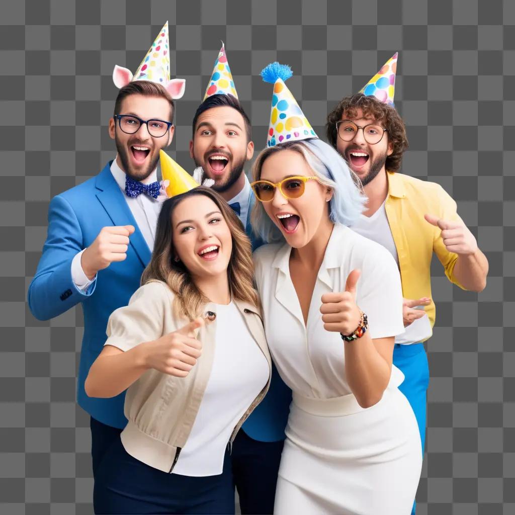 Party animals pose for a photo with colorful party hats