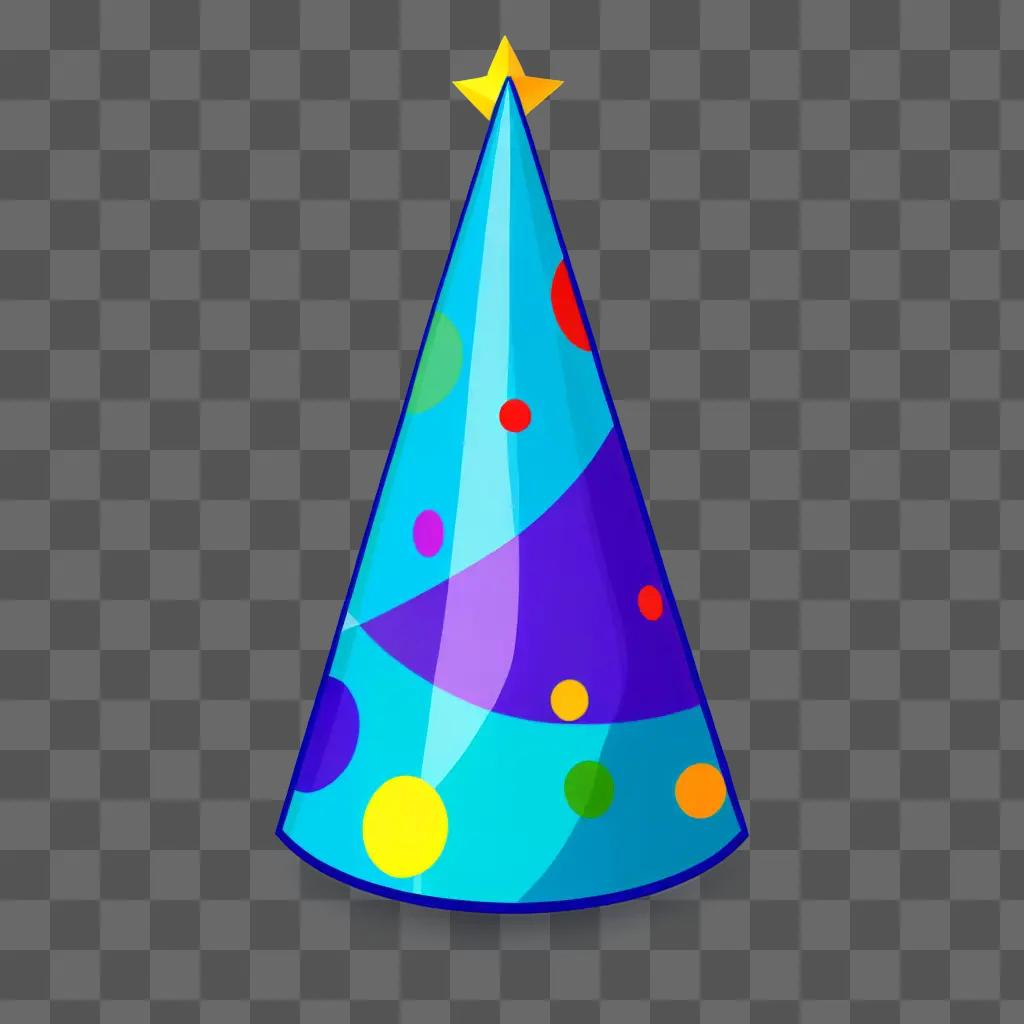 Party hat with colorful dots and star on blue background