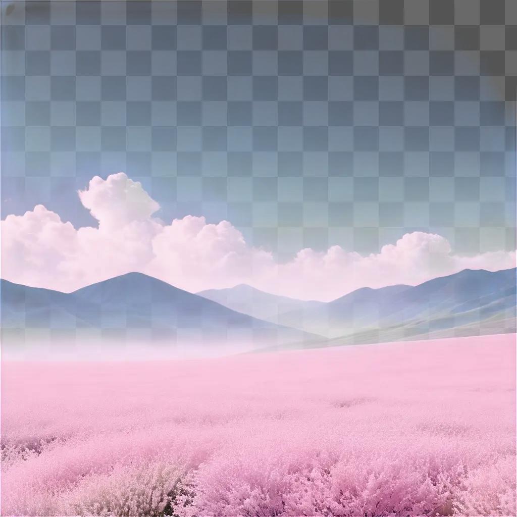 ピンクの花と山脈のあるパステルカラーの風景