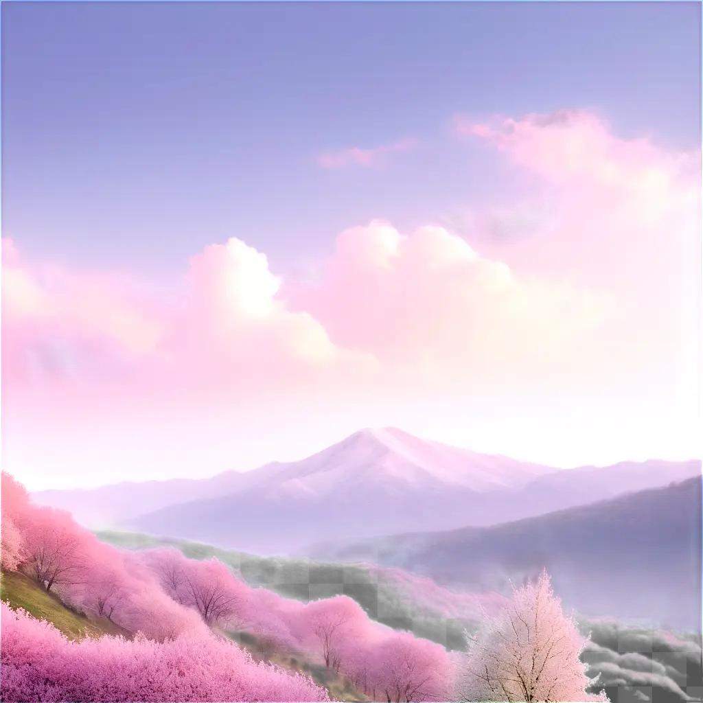 ピンクの花が咲くパステルカラーの山の風景