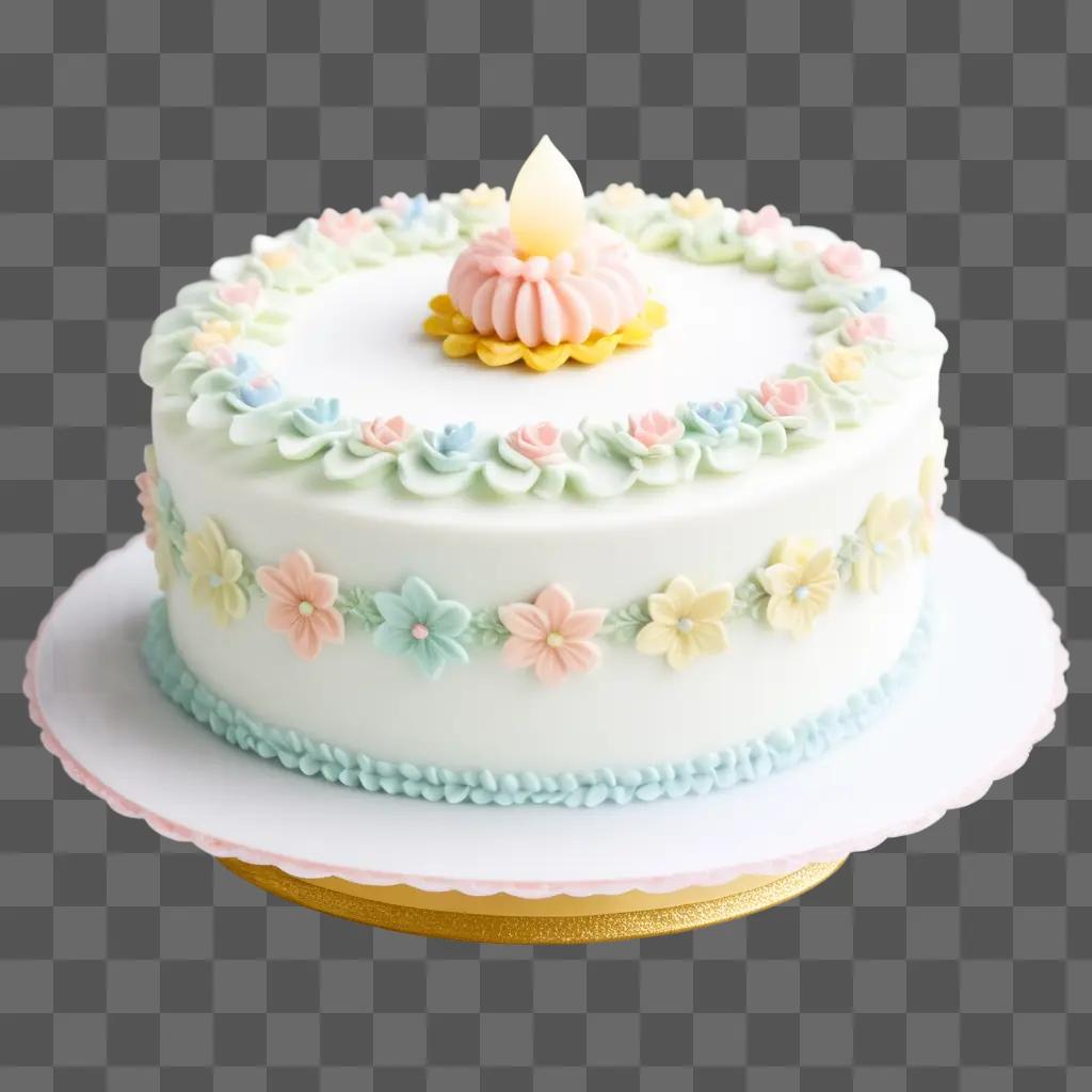 Pastelzinho cake with pink and blue flowers on a white cake plate