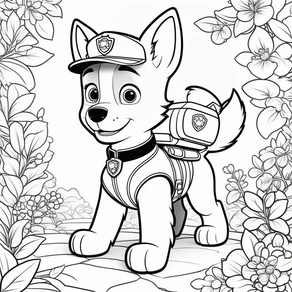 Paw Patrol Chase coloring pages with flowers