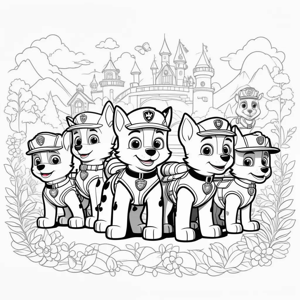 Paw Patrol coloring page features five puppies and castle