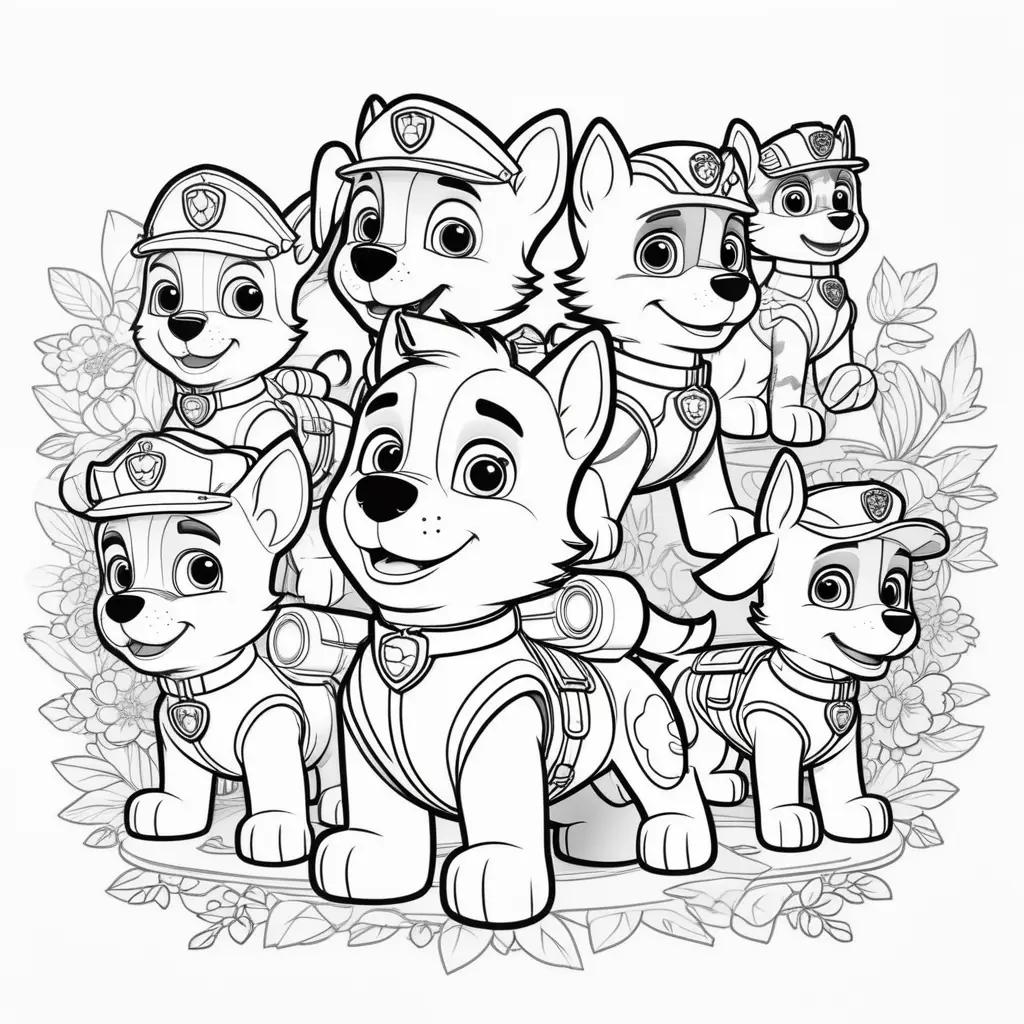 Paw Patrol coloring page featuring a group of dogs