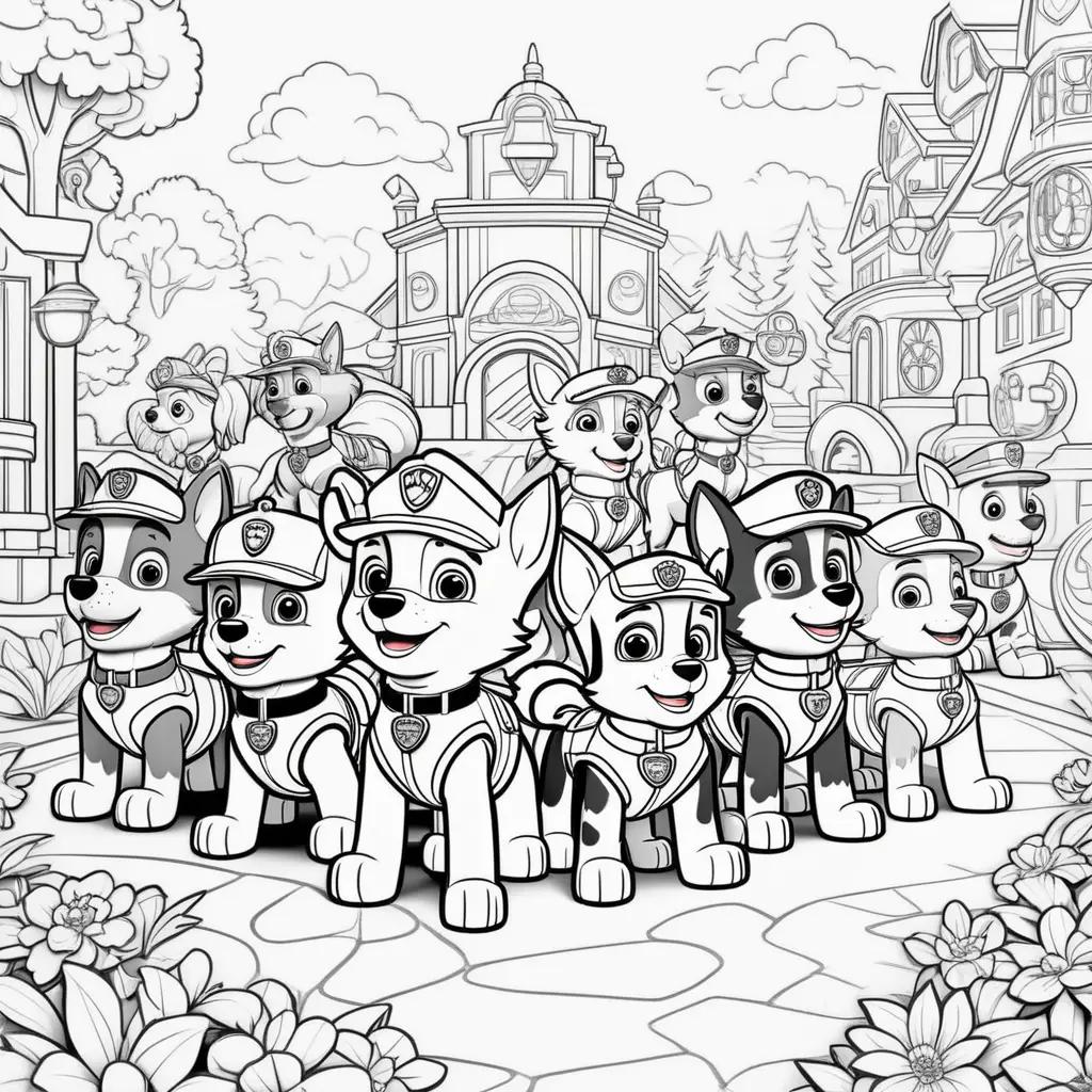 Paw Patrol coloring pages featuring a group of dogs