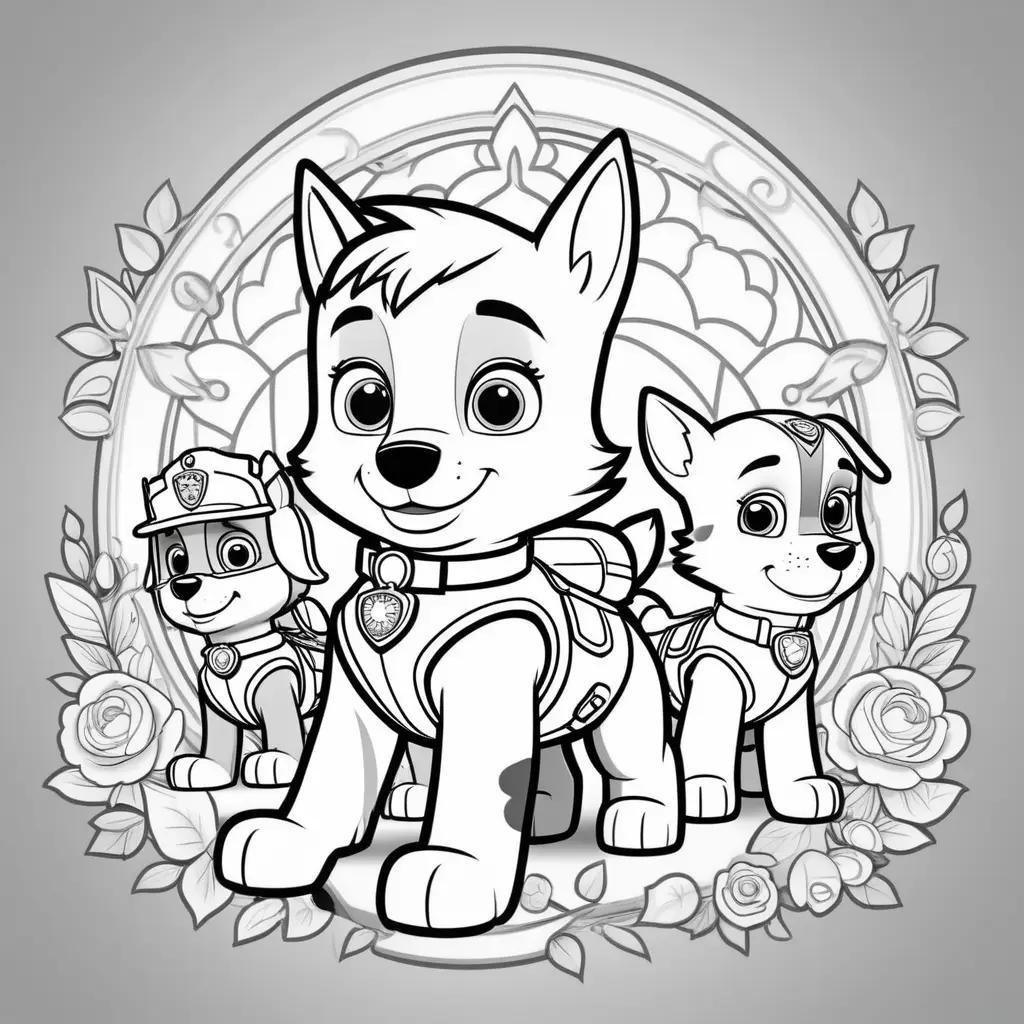 Paw Patrol coloring pages featuring the pups in black and white