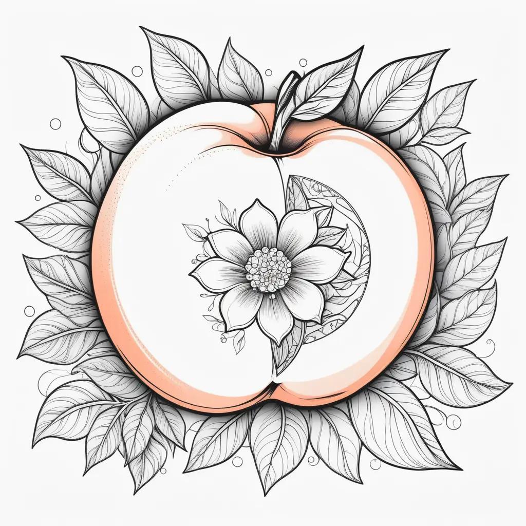 Peach coloring page with leaves and flower