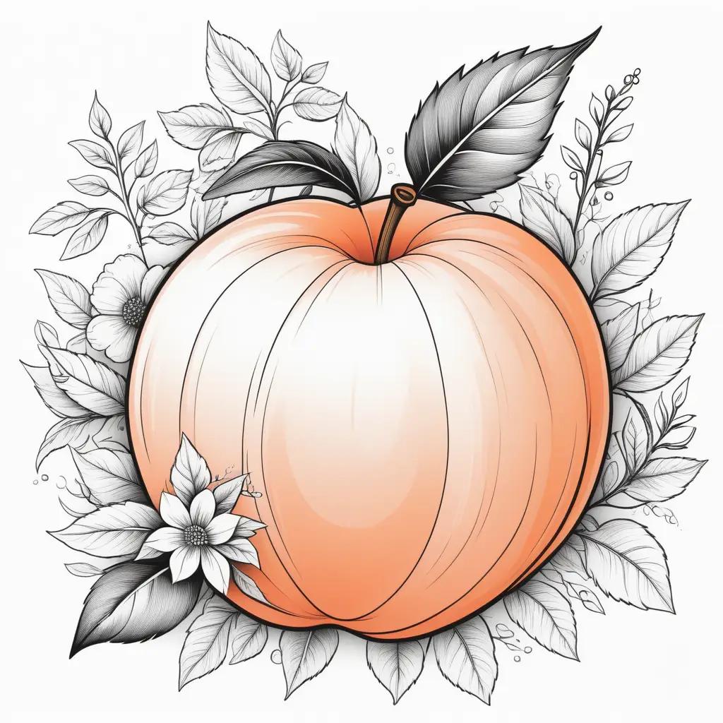 Peach coloring page with leaves and flowers