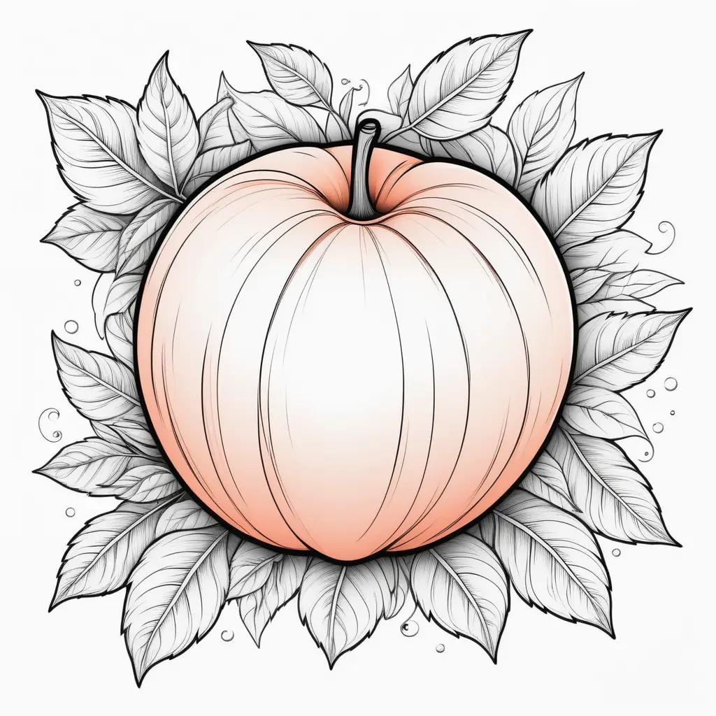 Peach coloring page with leaves and stem