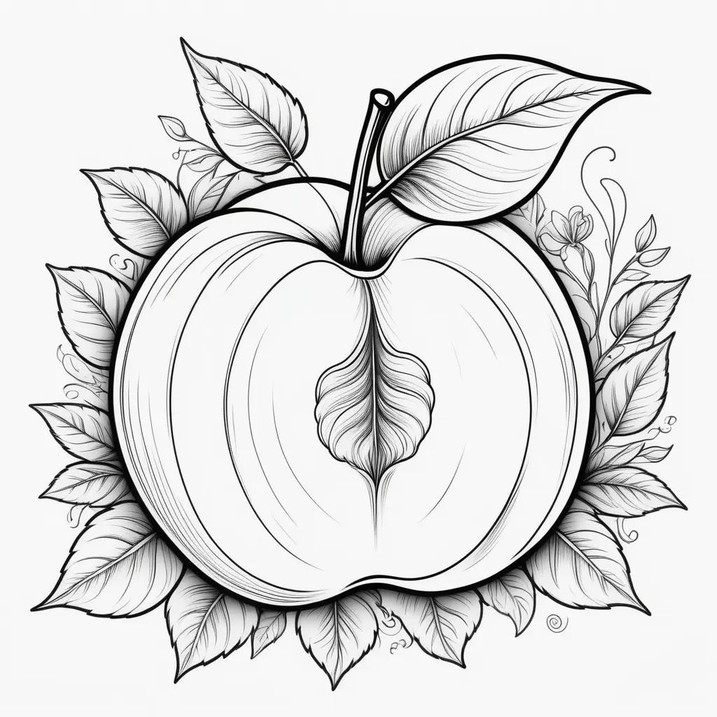 Peach coloring page with leaves and stems